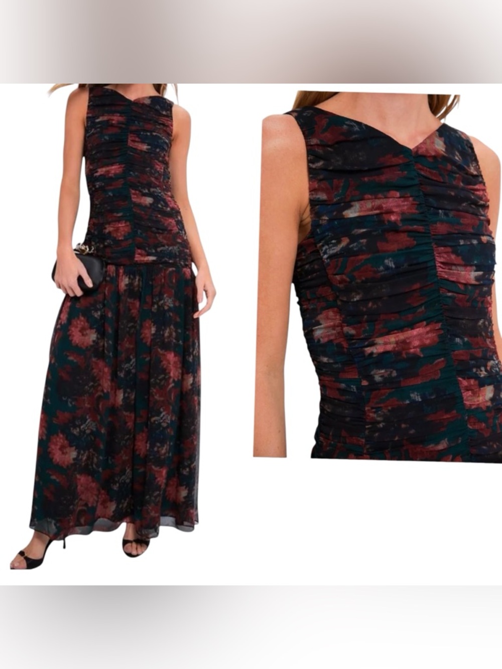Tuckernuck Persimmon Floral Chiffon Eloise Maxi Dress Pleated Drape Size 6 NEW